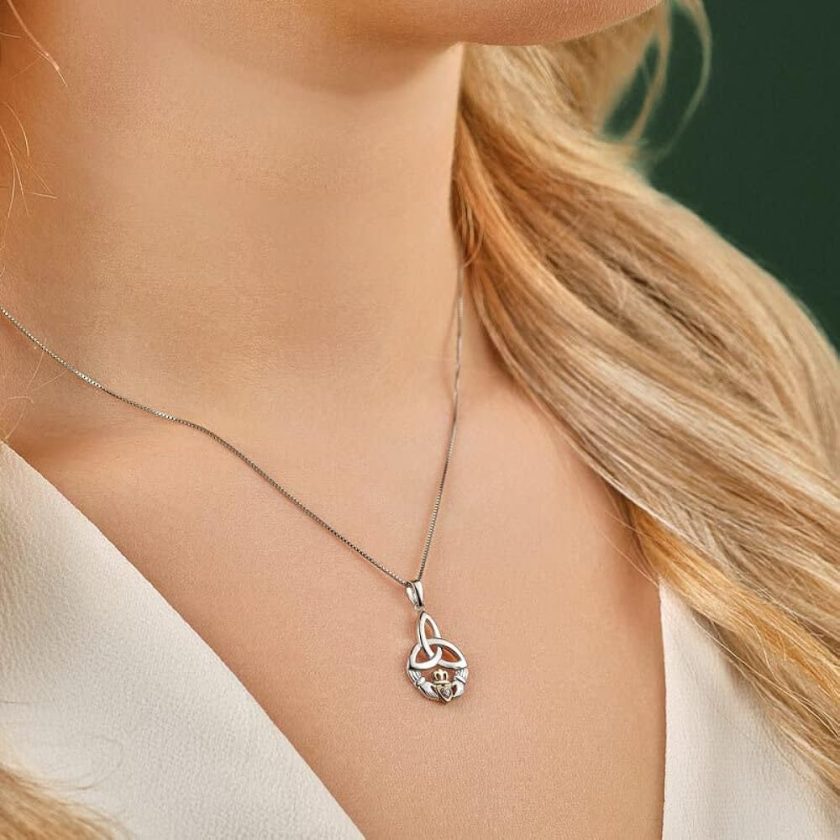 10K Gold Claddagh Pendant Trinity Knot Necklace Sterling Silver