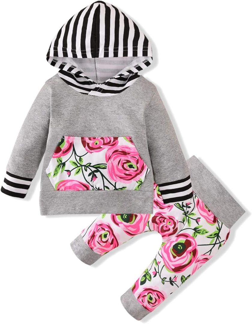 2Pcs Baby Girls Striped Hoodies Pocket T-shirt Top