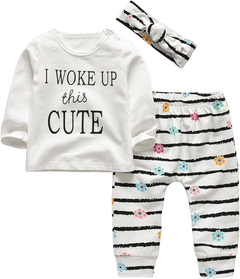 3Pcs Baby Girl Outfits Set I Woke Up This Cute Long Sleeve