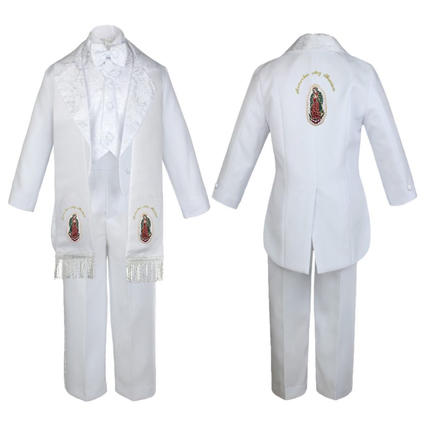 Baby Boy Teen Communion Tail Suit Gold Virgin Mary On Stole & The Back