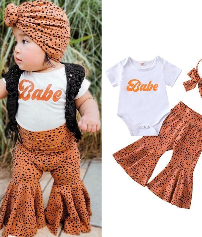 Fashionable Letter Print Romper Tops and Leopard Bell-Bottom Flare Pants Set for Stylish Baby Girls
