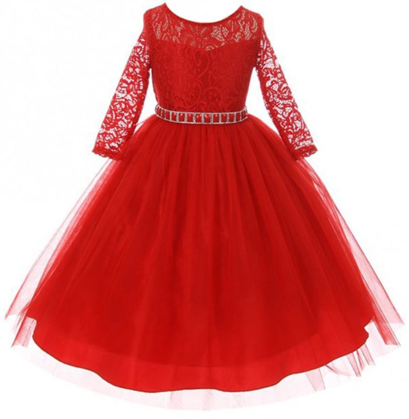 Big Girls' Dress Lace Top Rhinestones Tulle Holiday Christmas Party