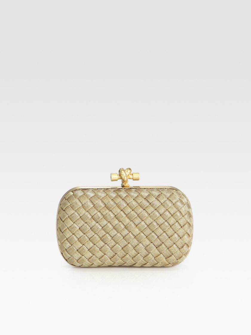 Bottega Veneta Intrecciato Woven Gold Leather Clutch Pouch Bag