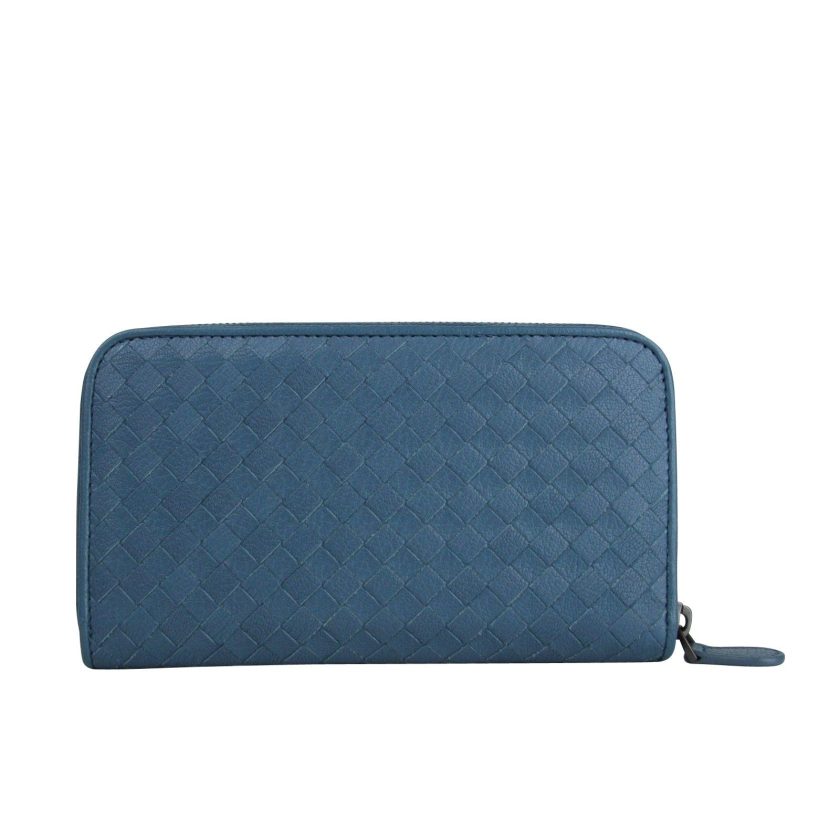 Bottega Veneta Women's Woven Zip Around Aqua Blue Leather Wallet