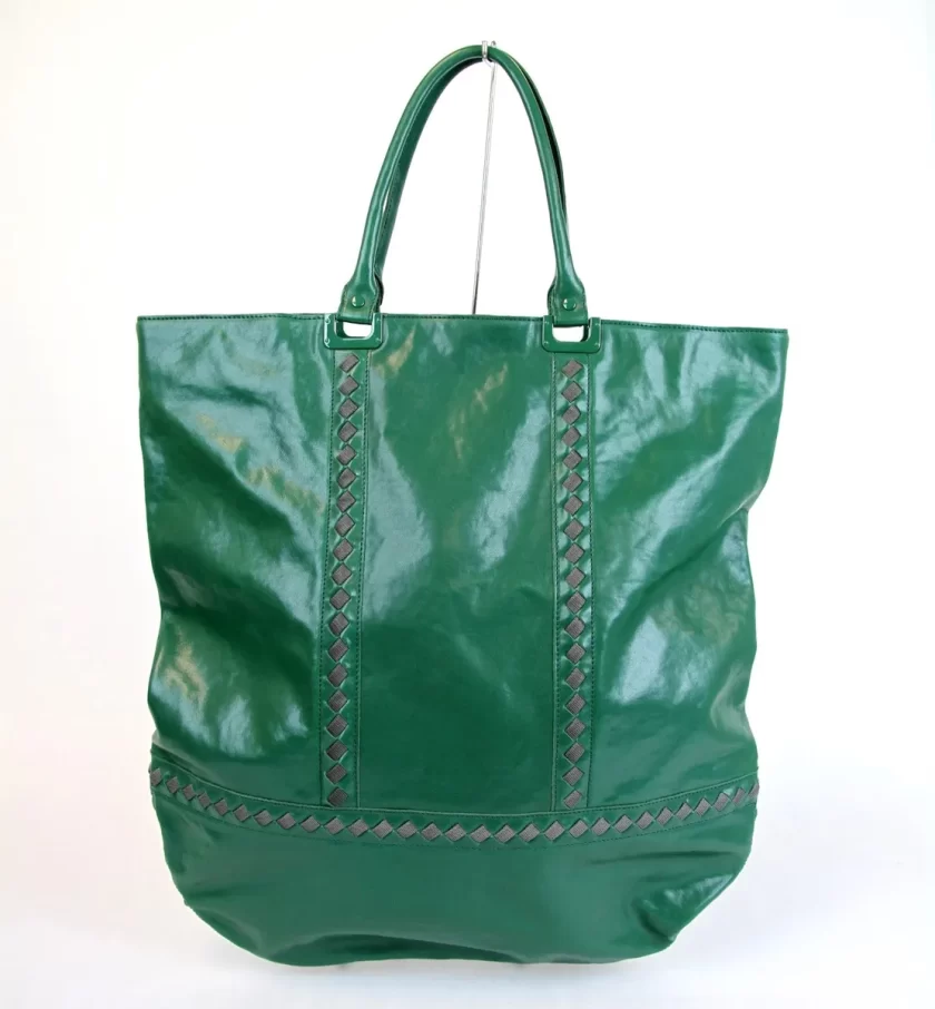 Bottega Veneta Woven Detail Green Leather Tote Bag