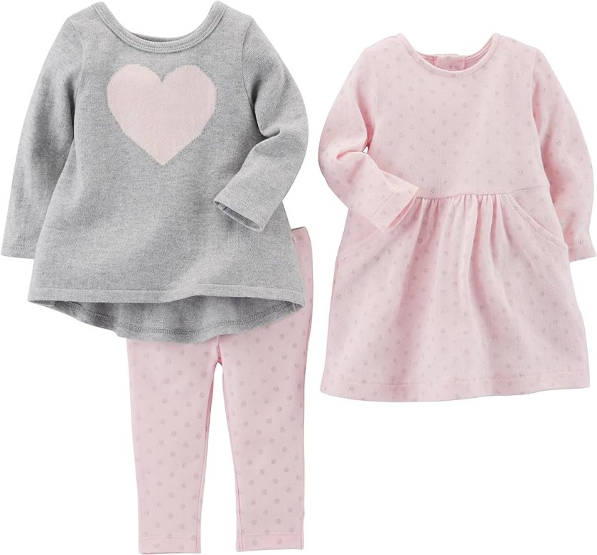 Carter's Baby Girls' 3-Piece Playwear Set, Pink Heart, 3 Months