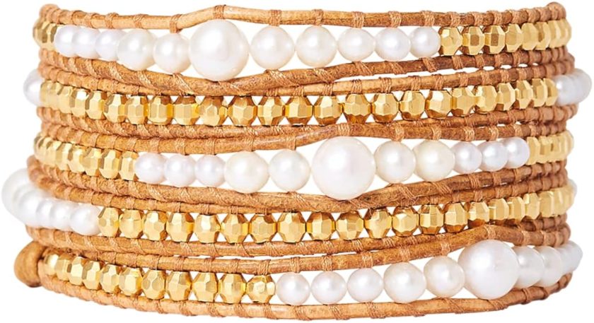 Chan Luu White Freshwater Cultured Baroque Pearls on a Tan Henna Leather Bracelet