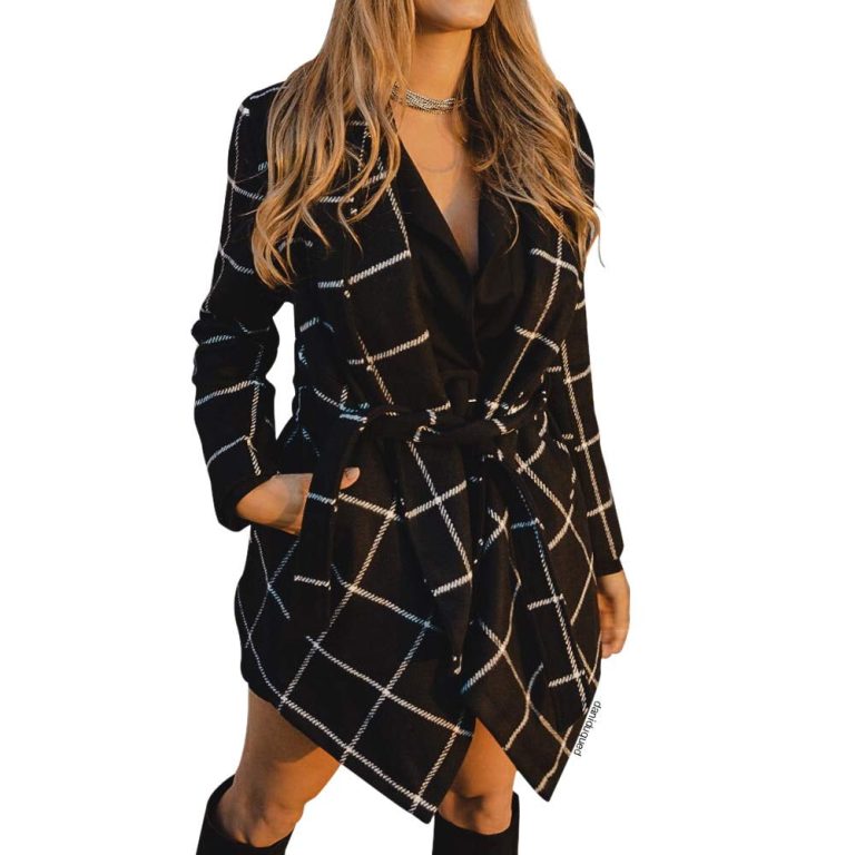 CHCWSH Women's Turn Down Shawl Collar Earth Tone Check/Black Whte