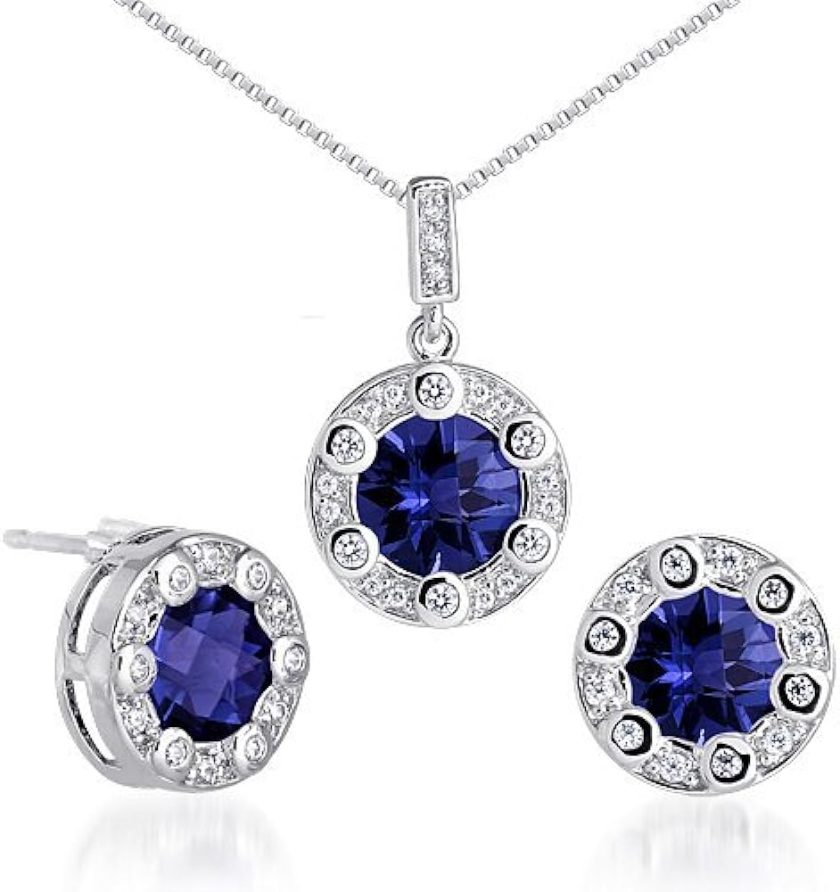 Created Sapphire Pendant Earrings Necklace Sterling Silver
