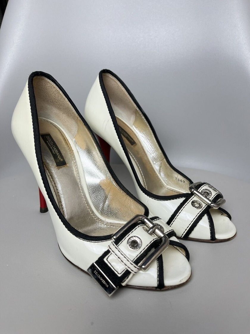 Dolce & Gabbana Women's Beige Leather Fabric Pumps Open Toe Shoes - Size: 38 EU