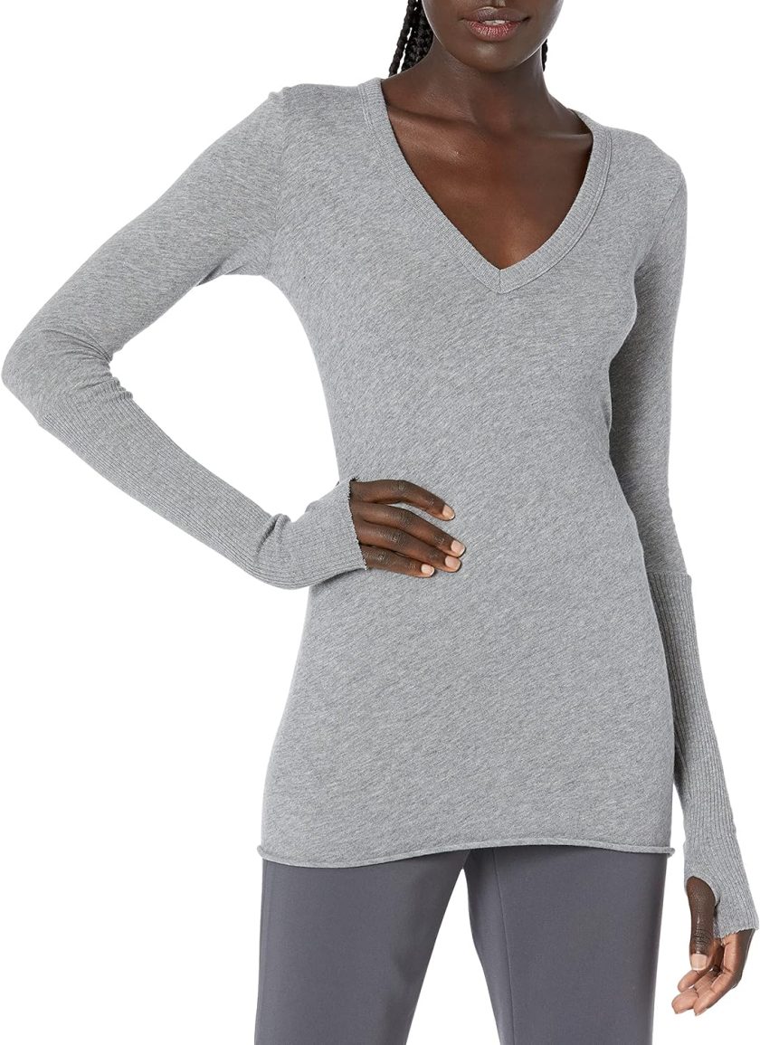 Enza Costa Women's Cashmere Long Sleeve Cuffed V-Neck Top with Thumbhole, Light Heather Grey, L