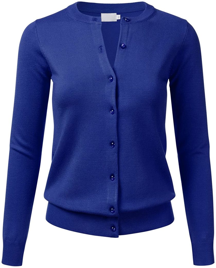 FLORIA Women Button Down Crew Neck Long Sleeve Soft Knit Cardigan Sweater Navy L