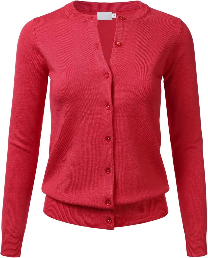 FLORIA Women Gem Button Crew Neck Long Sleeve Soft Knit Cardigan Sweater Red M