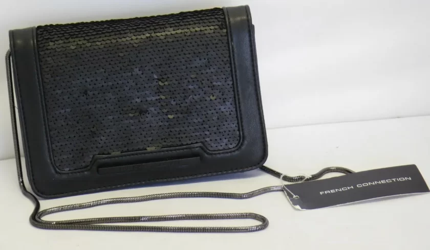 French Connection Womens Vanessa Sequined Shoulder Handbag Black Small