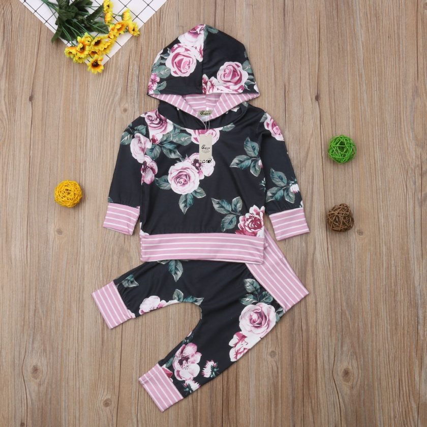 gllive Newborn Baby Boy Girl Floral Long Sleeve Hoodie Tops Pants Clothes Set