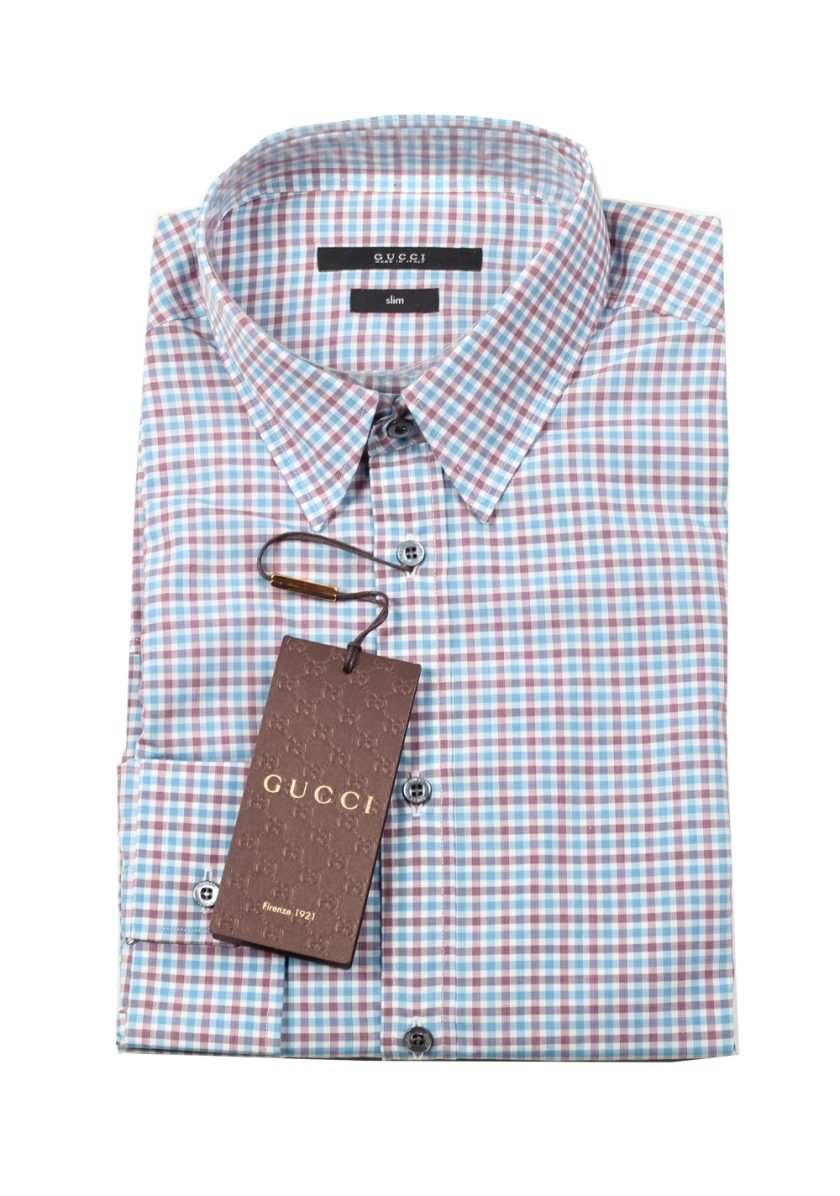 Gucci CL Checked Blue Dress Shirt Size 43/17 U.S. Slim