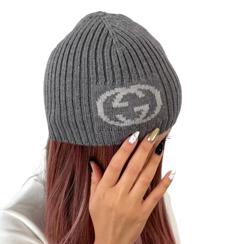 Gucci Gray 100% Wool Interlocking GG Baggy Beanie Hat