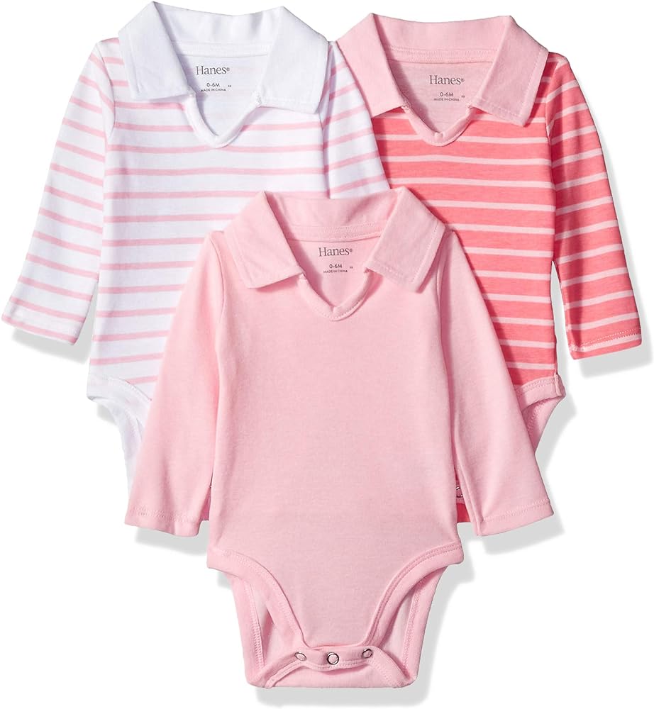 Hanes Ultimate Baby Flexy 3 Pack Short Sleeve Polo Bodysuits, Pink ...