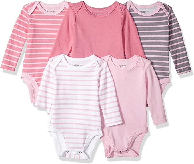 Hanes Ultimate Baby Flexy 5 Pack Long Sleeve Bodysuits, Pink Stripe ...