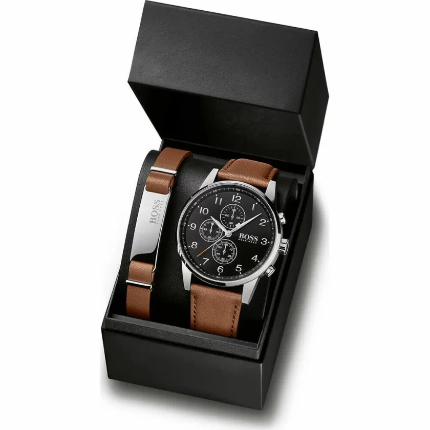 Hugo Boss Leather Mens Watch - Black Dial
