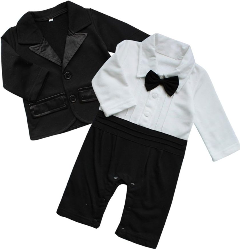 iEFiEL 2pcs Baby Boys Long Sleeve Tuxedo Wedding Romper