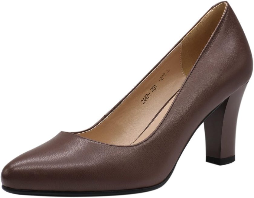 JARO VEGA Women's Pumps Light Brown Real Leather – Stylish 3-Inch Block Heel Office Shoes