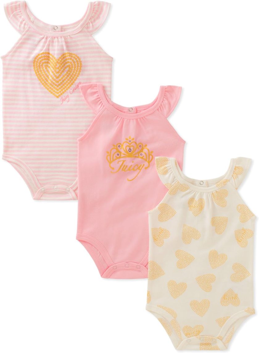 Juicy Couture Baby Girls 3 Pieces Pack Bodysuits, Light Pink