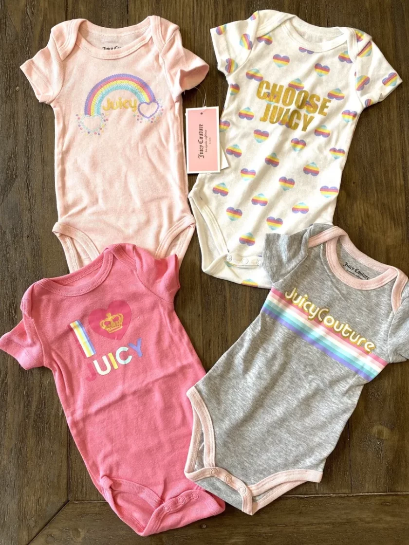 Juicy Couture Baby Girls 4 Pieces Pack Bodysuits, Pink/Gold/White