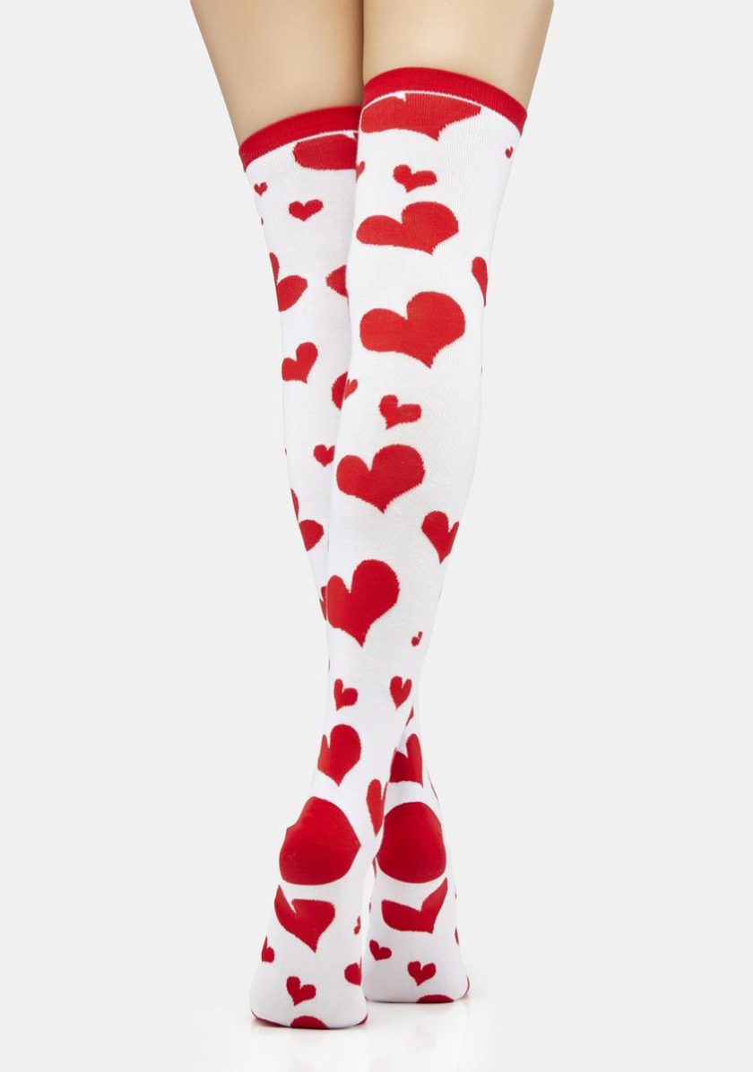 Kyliel Over the Knee Thigh High Socks,Heart And Flowers Print