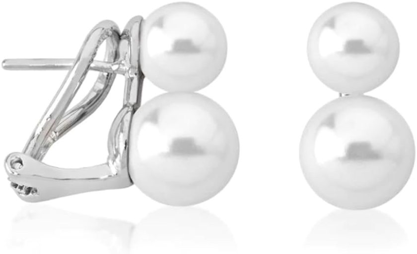 Majorica Women's 8mm Round Pearl and 12mm Double Stud Rose Plated Ball Earrings White One Size