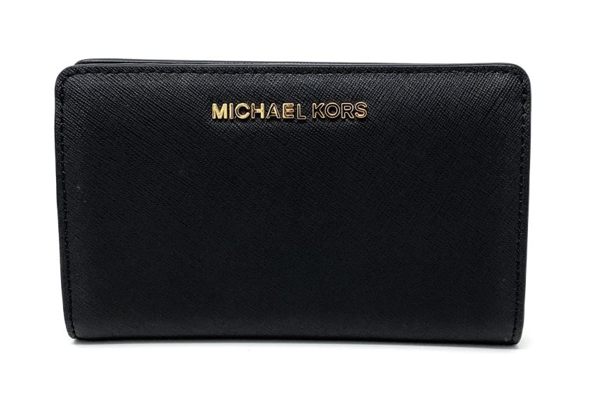 Michael Kors Jet Set Travel Slim Bifold Saffinao Leather Wallet (Black)