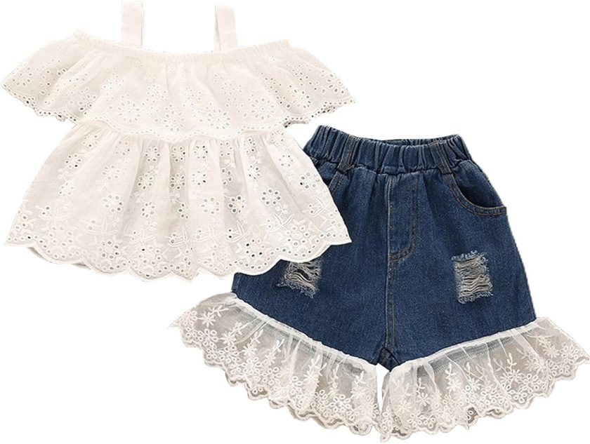 rechange Baby Girls Pants Set Off Shoulder Short Sleeve Lace Crop Top