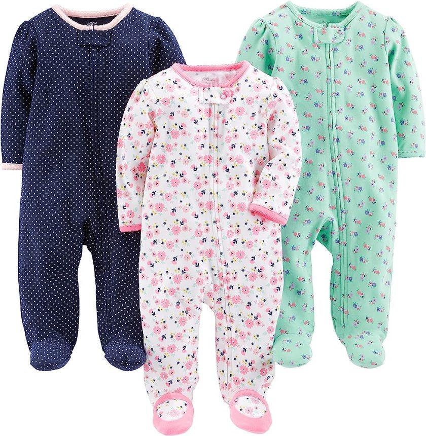Simple Joys by Carter's Baby Girls' 3-Pack Sleep and Play, Pink Floral, Blue Floral