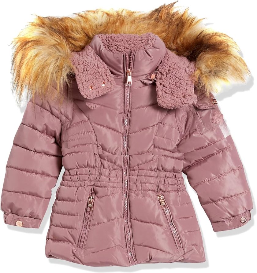 Steve Madden Girls' Hooded Puffer Bubble Jacket with Faux Fur Trimmed Hood