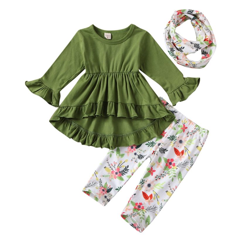 Toddler Baby Girls Spring Outfit Long Sleeve Ruffle Shirts+Floral Pants